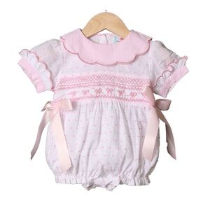 Smocked Heirloom White and Pink Swiss Dot Bow Bubble